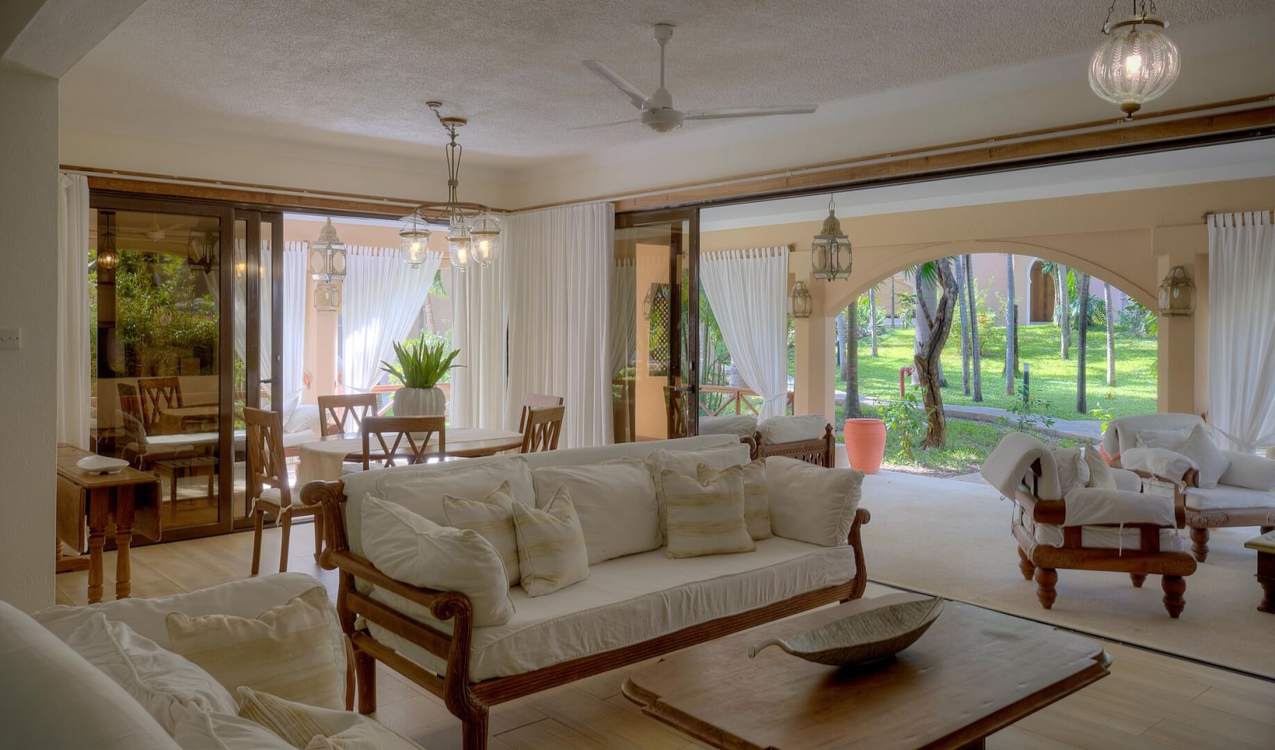 Open-plan living and dining area in the Garden Villa at Almanara, Diani Beach